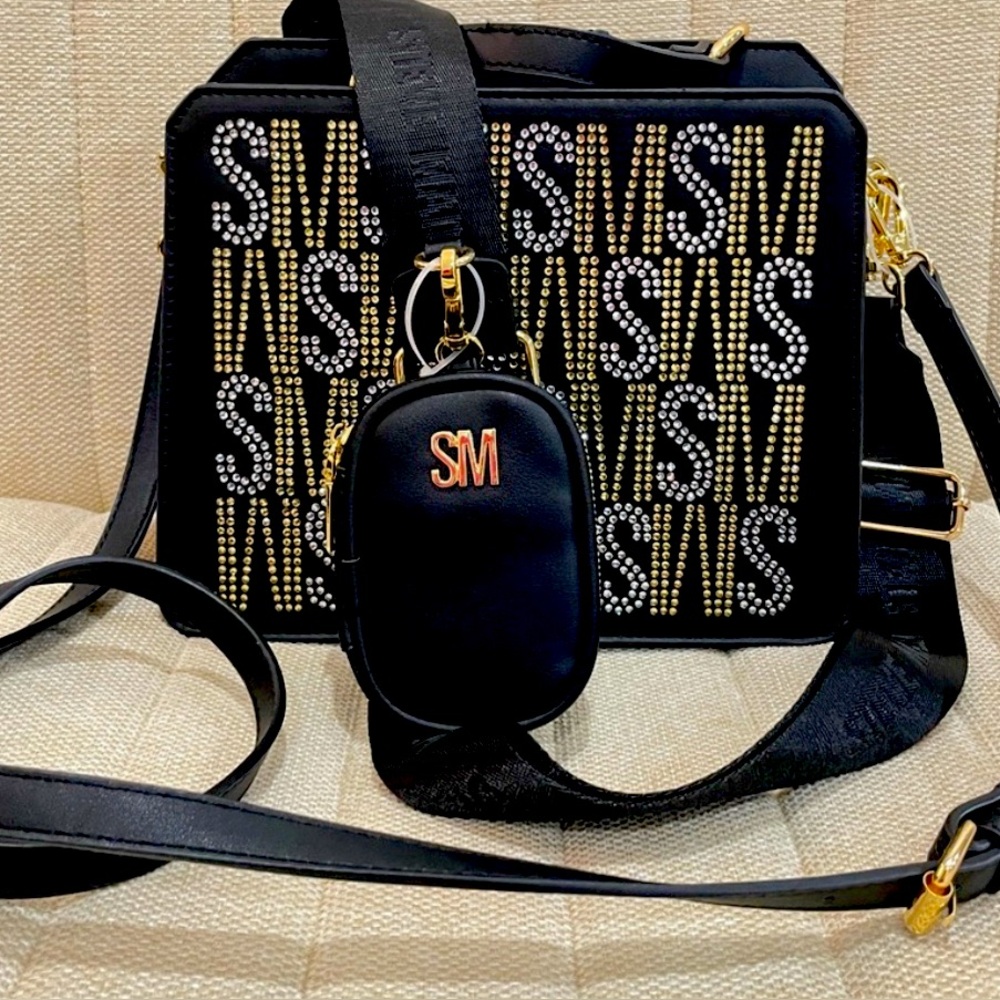 Steve Madden Black and Gold Crossbody Bag with SM Logo